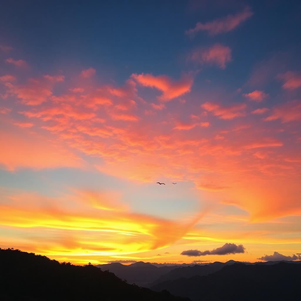 Atardecer sobre montañas verdes con pájaros en el cielo