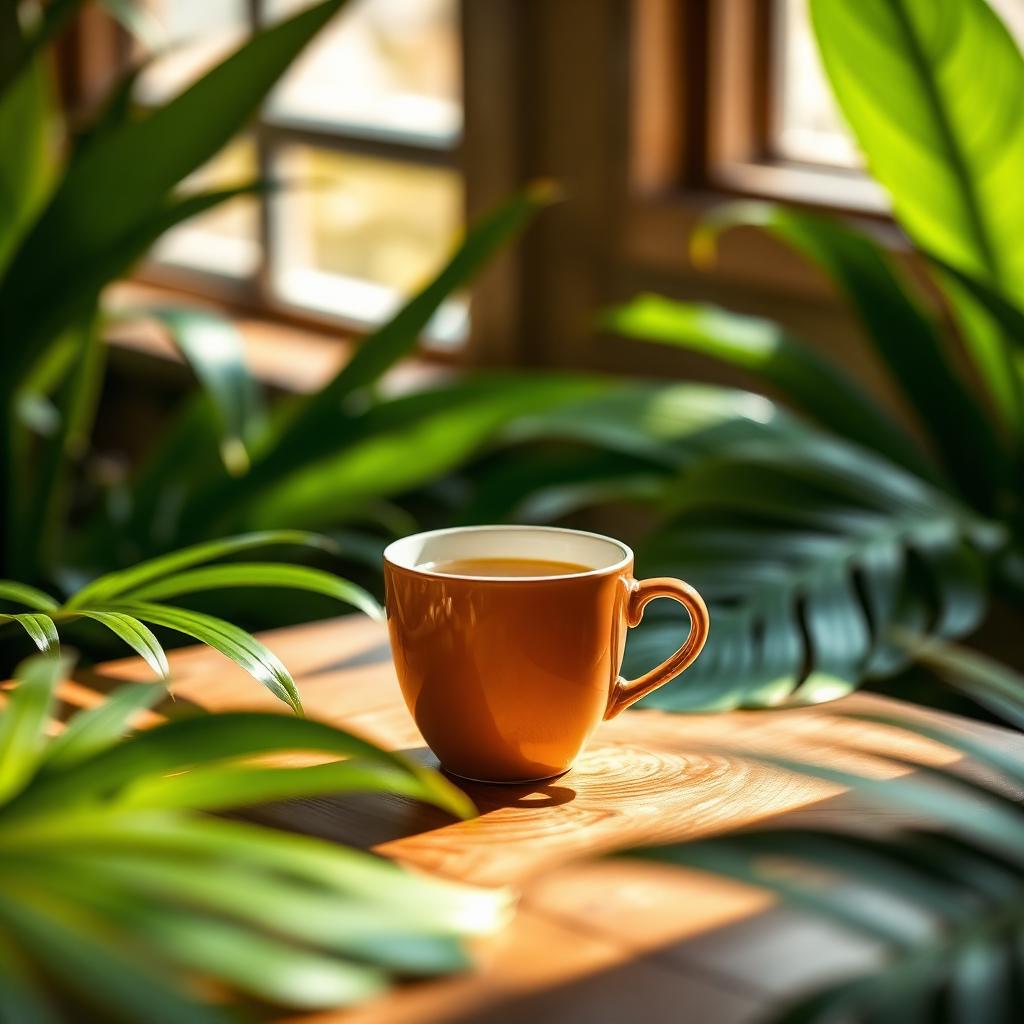 Taza de café entre hojas tropicales, evocando las mañanas en Wailele